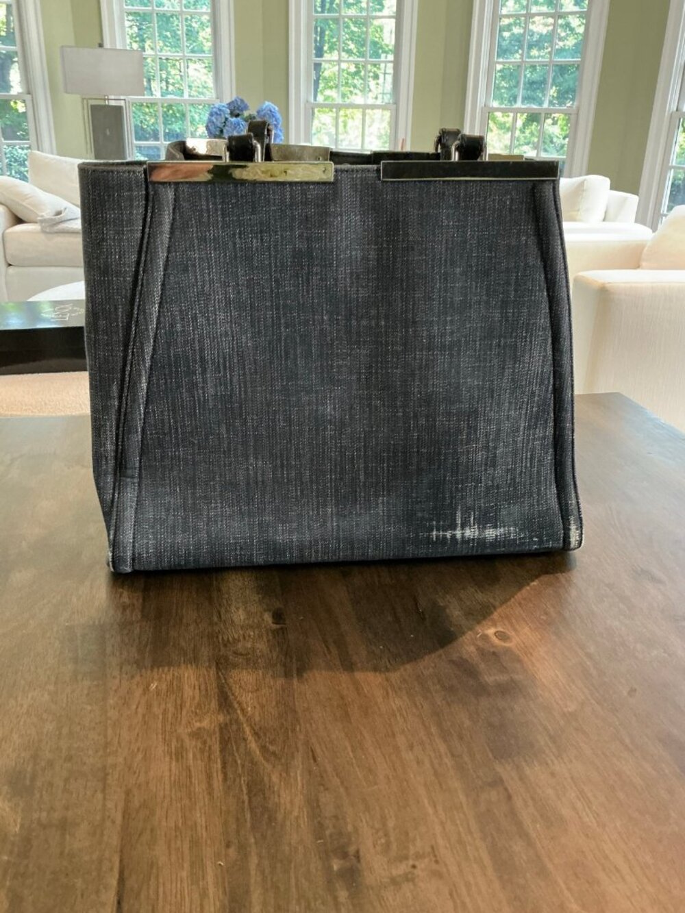 Fendi Gray Denim Frame Tote Handbag Silver Hardware